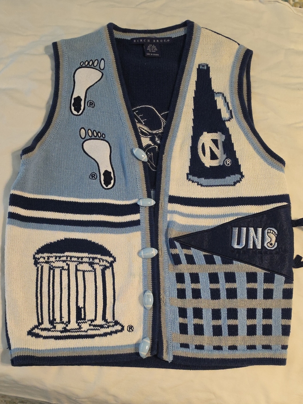 Vintage Birch Bros UNC Themed Knit Vest with Cheer Icons - Light Blue & Navy